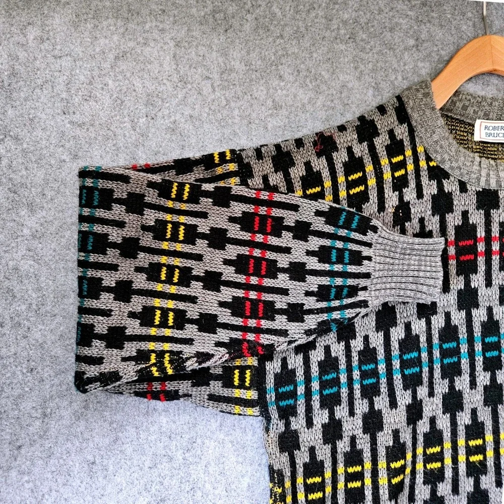 Vintage Robert Bruce Mens Large Geometric Intarsia Knit Crewneck Sweater Grey
